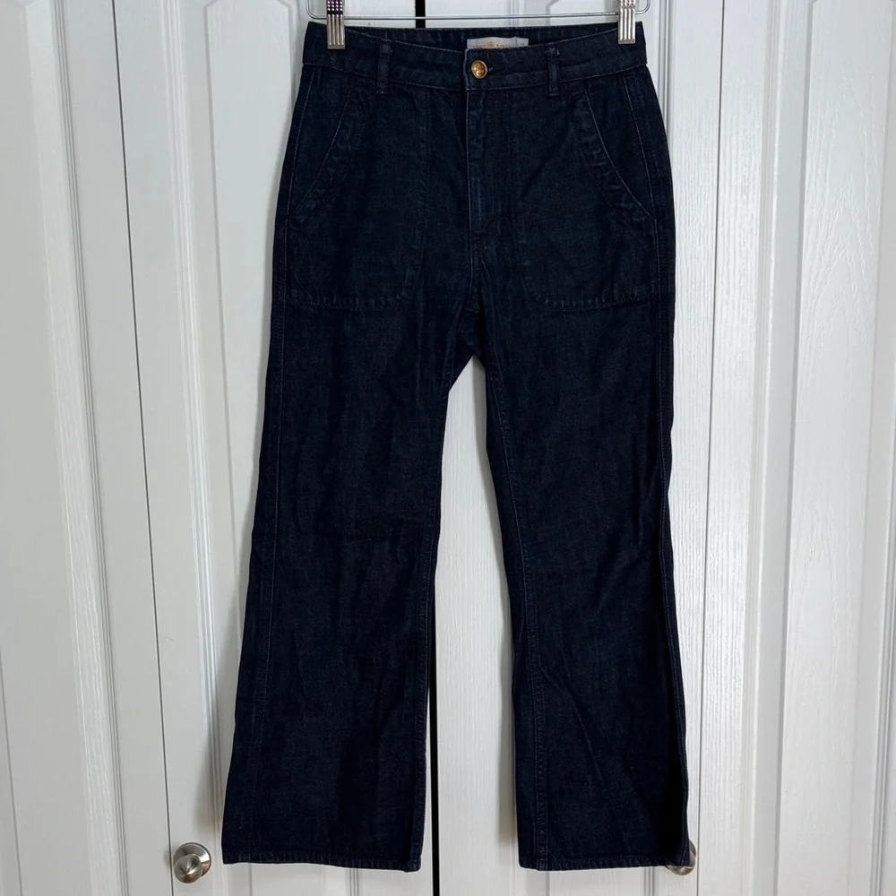 Tory Burch Dark Blue Wide Leg Cotton Denim Jeans 25